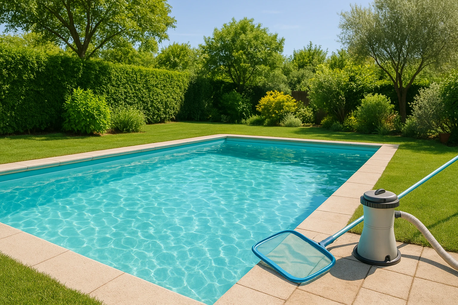 Piscina residenziale estiva con acqua limpida, spazio esterno verde e attrezzatura neutra per manutenzione, senza persone, loghi o testi