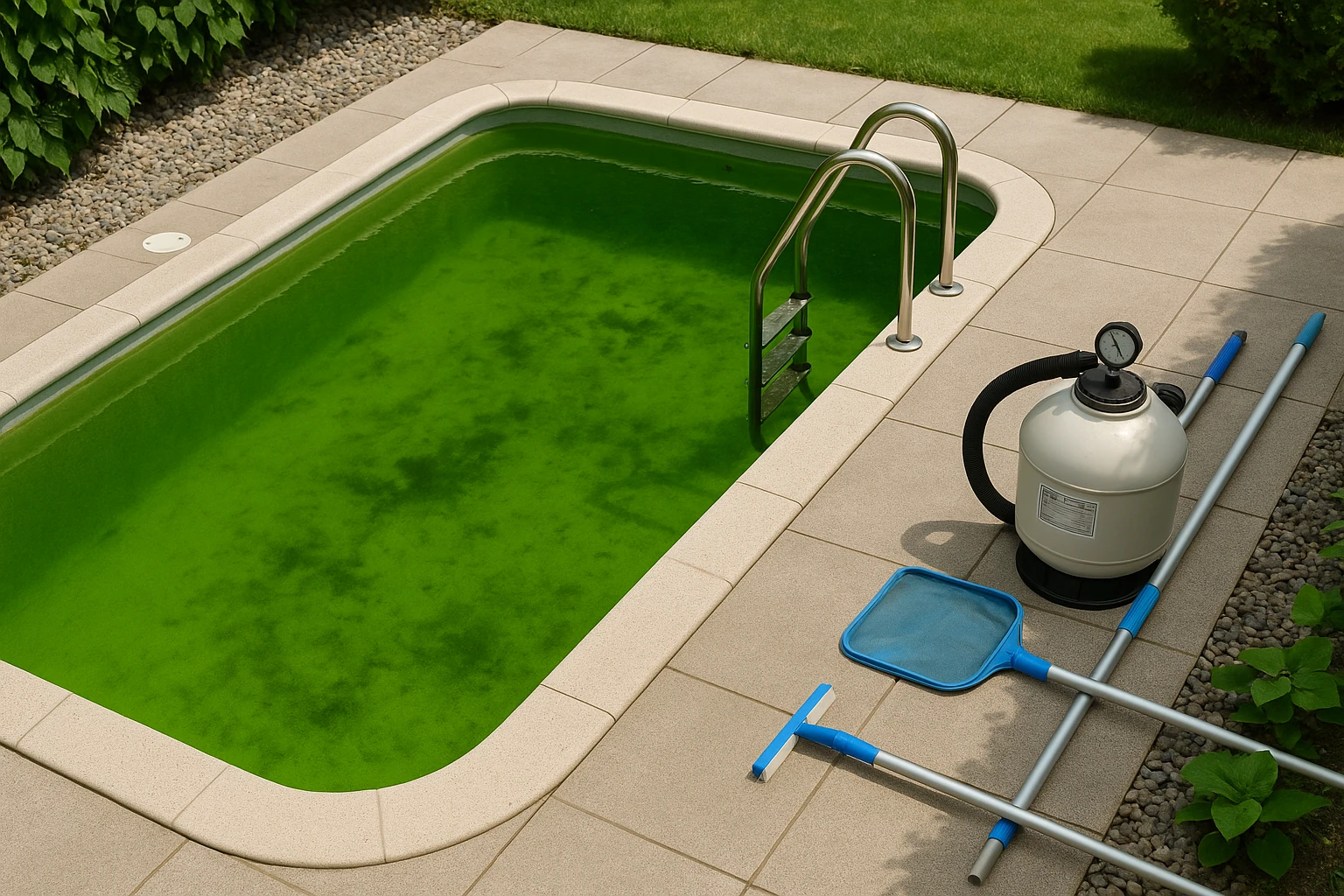 Piscina residenziale con acqua verde dovuta a presenza di alghe, vista dall'alto, con evidenza di sistema di filtrazione e elementi di manutenzione piscina.