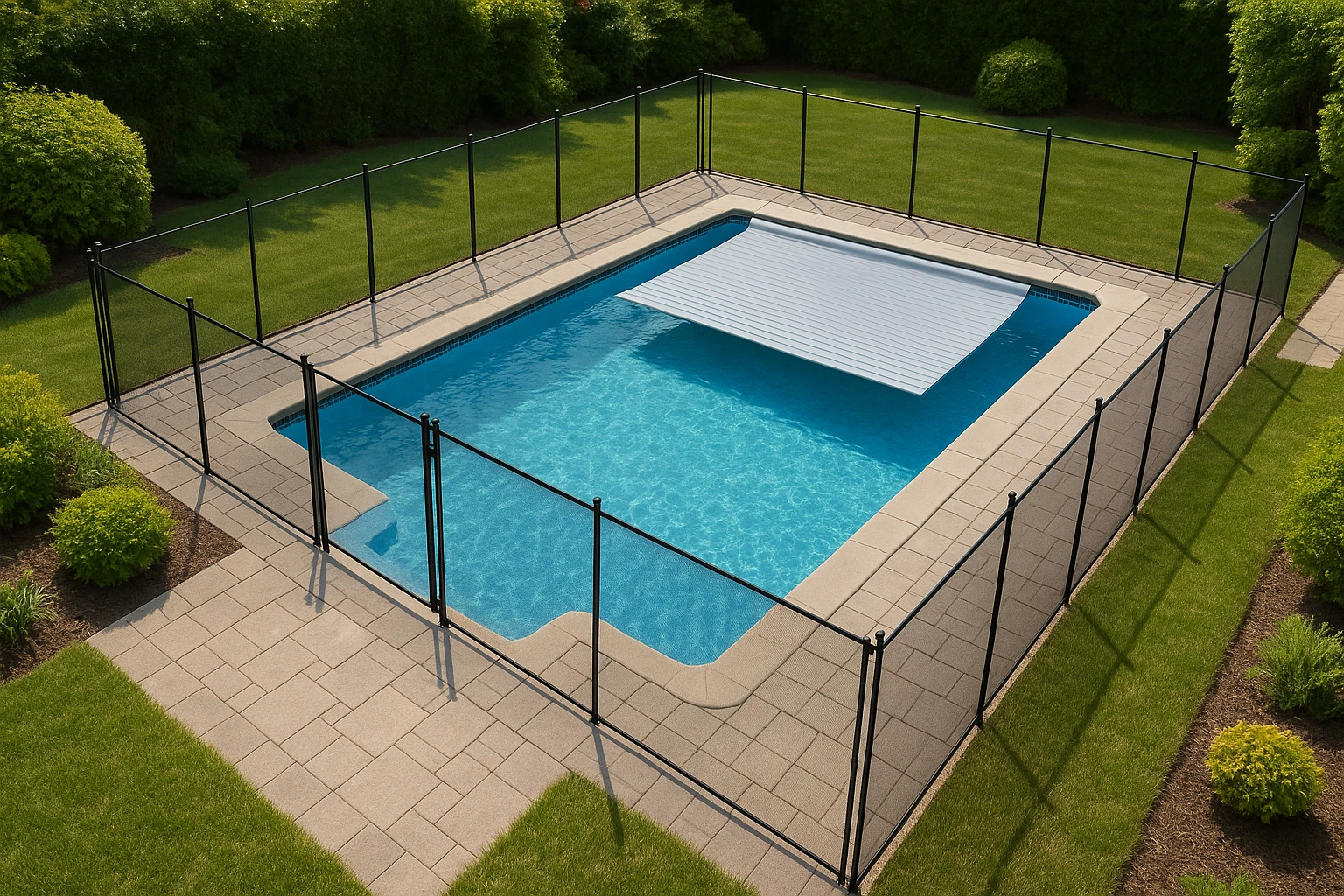 Piscina residenziale con recinzione di sicurezza e copertura protettiva parziale, senza persone o elementi di distrazione, in un ambiente esterno curato e luminoso.